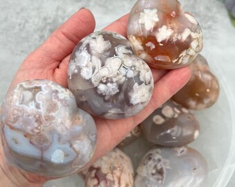 Flower Agate Heart Palm Stones, 2.5 Inch Grade A Polished Palms, Choose Yours