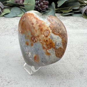 May include: A heart-shaped polished stone with a gray, white, and brown mottled pattern. The stone is on a clear acrylic stand.