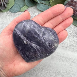 Lepidolite Heart Palm Stone, Large 3.15 Inch Grade A Carving with Stand