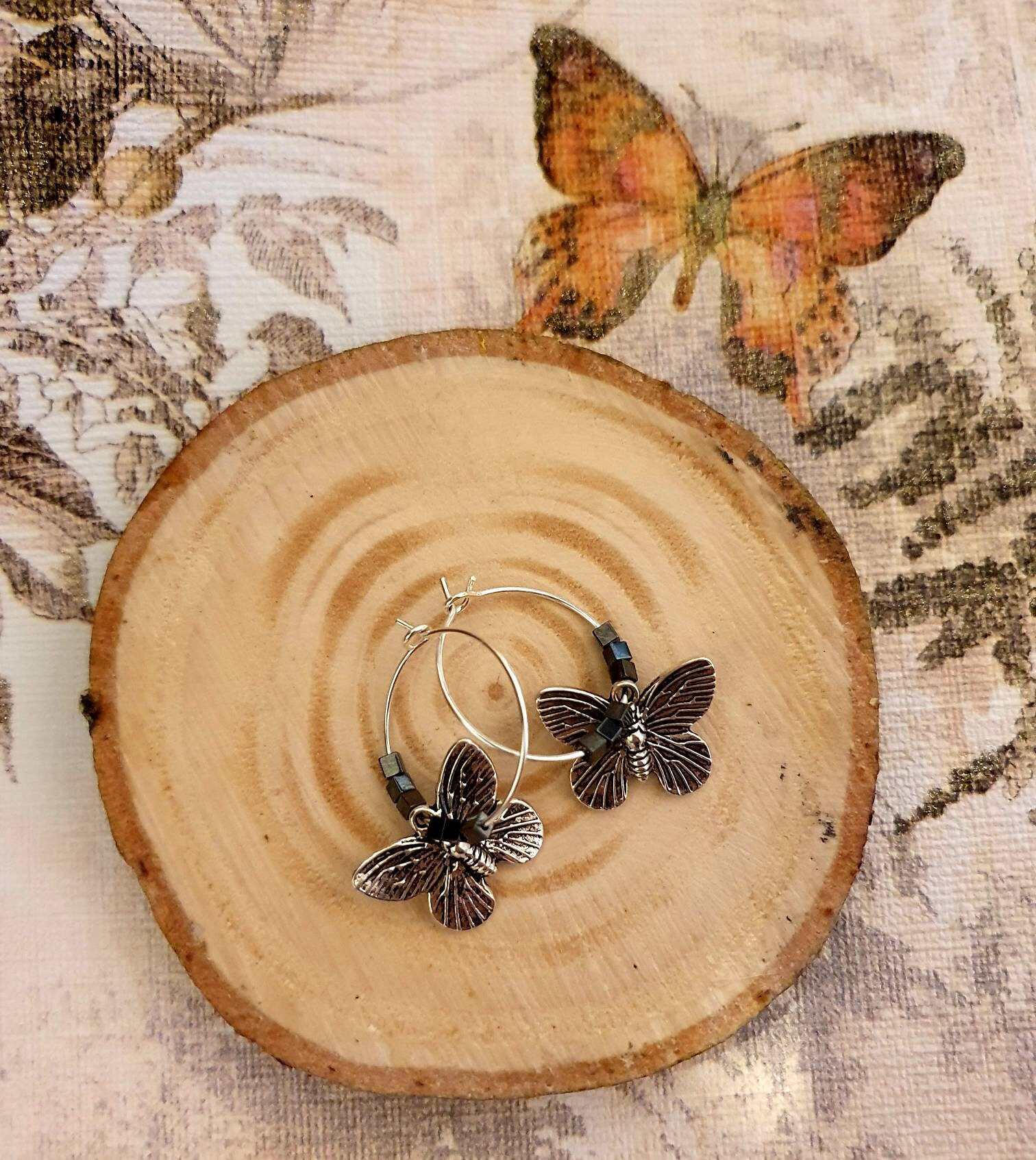 Butterfly hoop earrings silver plated Etsy