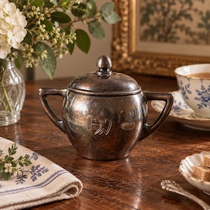 May include: A tarnished silver sugar bowl with two side handles and a matching lid. The bowl features a rounded body with a small knob on top of the lid and an engraved monogram consisting of the letters DW on the front surface of the metal.