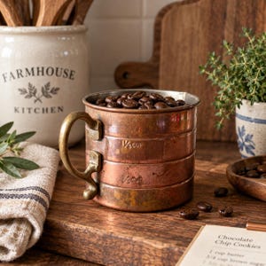 Peut inclure: Une tasse à mesurer en cuivre avec une poignée en laiton remplie de grains de café torréfiés foncés. L'extérieur de la tasse présente des marquages en relief pour 1/3 cup et 2/3 cup. La surface métallique montre une patine vieillie.