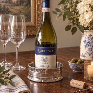 May include: A round, metallic silver wine bottle coaster with a textured, scalloped edge design. The coaster holds a bottle of Ruffino Chianti wine with a dark blue label, featuring a crest and the text Ruffino Chianti printed in white and gold.