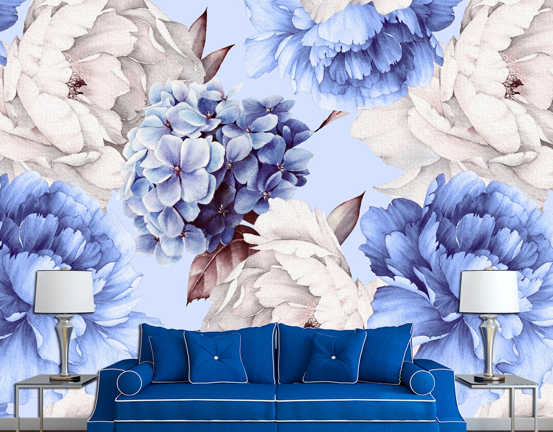 Blue Flower Print Botanical Wallpaper Floral Wall Art, Blue Wall Decor Bedroom Wallpaper Flower