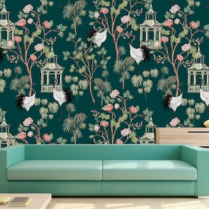 Japan crane print Removable wallpaper Japanese wall print, Green wallpaper Peel stick wallpaper Art deco wallpaper