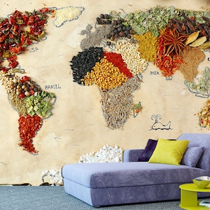 World map wallpaper Spices wall decor Wallpaper mural, World map wall art Spices wall art Adhesive wallpaper