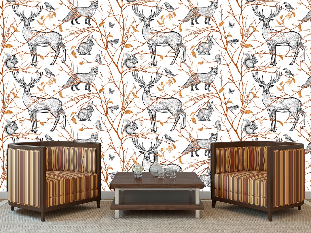 Wild Animal Print Peel Stick Wallpaper Animal Wall Art Forest Etsy