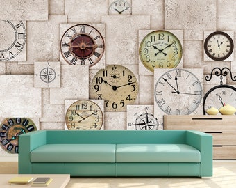 Uhr-Wandkunst, abnehmbare Tapete, Zeit-Wanddekoration, Vintage-Tapete, Heimbüro-Wandkunst
