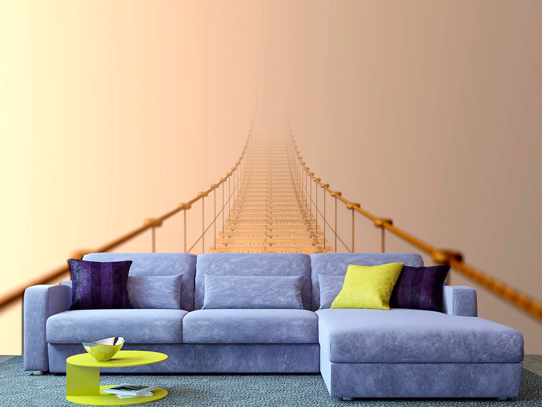 Suspension Rope Bridge Wallpaper Beige Wall Decor, Fog Bridge Wall Art