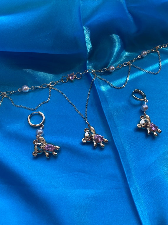 Pink Teddy Pearl Set Teddy Bear Necklace Beaded Necklace