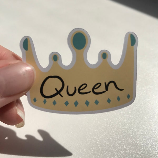 Queen Crown Sticker | Royal Royalty Yellow Gold Tiara Green Gem Gemstones Simple Cute Decal Decoration For Laptop Water Bottle Cheap Gift