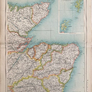 Antike 1902 Schottland Karte - Original - Bartholomäus - Wand Kunst - Wohnkultur - Kunstdruck
