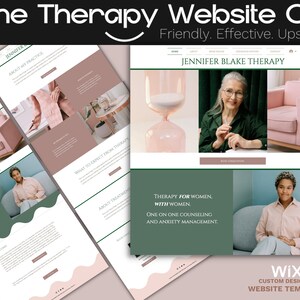 May include: Website template for a therapist specialising in therapy for women. The template features a green and pink colour scheme with images of a therapist and a client. The text "Therapy for Women with Women. One on One Counselling and Anxiety Management" is displayed on the website.