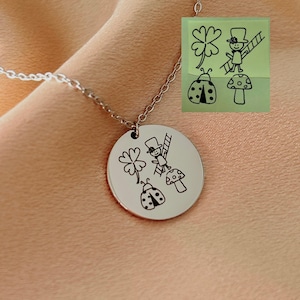 Collar escrito a mano con grabado personalizado - Collar con nombre personalizado de acero inoxidable - Dibujo y firma infantil - Regalo