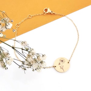 Pulsera flor de nacimiento, pulsera con flores de nacimiento, pulsera personalizada, pulsera con placas grabadas en plata, oro u oro rosa.