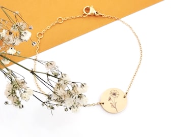 Geburtsblumen-Armband, Armband mit Geburtsblumen, personalisiertes Armband, Armband mit gravierten Plättchen in Silber, Gold oder Roségold.