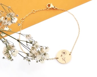 Bracciale nascita fiore, bracciale con fiori nascita, bracciale personalizzato, bracciale con placchette incise in argento, oro o oro rosa.