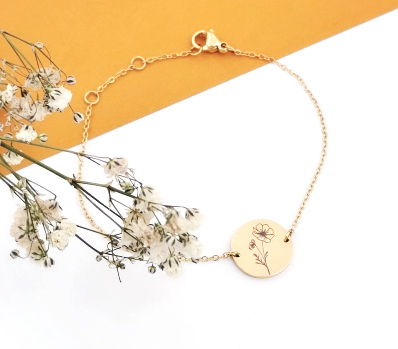 Birth flower bracelet, bracelet with birth flowers, personalized bracelet, bracelet with engraved plates in silver, gold or rose gold. image 1
