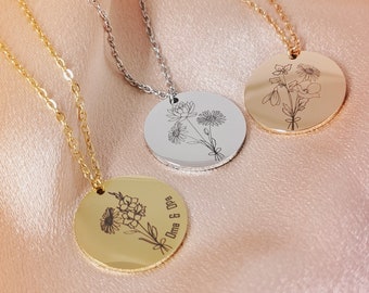 Collier de créateur avec fleurs de naissance combinées - cadeau personnel pour amis, partenaires ou famille, gravé individuellement