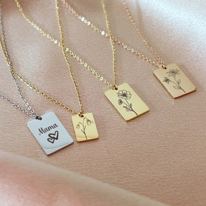 Birth flower necklace, personalized necklace with engraving, necklace for women, floral necklace, rectangle necklace, name necklace