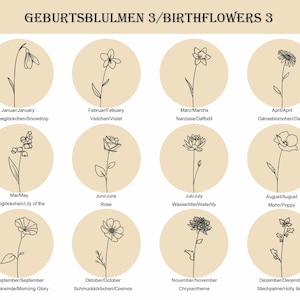 Peut inclure: Une grille de douze ic&ocirc;nes circulaires sur fond beige, chacune pr&eacute;sentant un dessin au trait noir d'une fleur de naissance. Les &eacute;tiquettes incluent 'GEBURTSBLUMEN 3/BIRTHFLOWERS 3' et les noms de chaque mois de janvier &agrave; d&eacute;cembre en allemand et anglais.