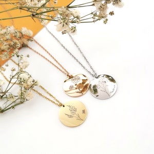 Birth flower necklace, birth flower necklace with 15 mm pendant, personalized necklace with birth flowers in gold, rose gold, silver image 3