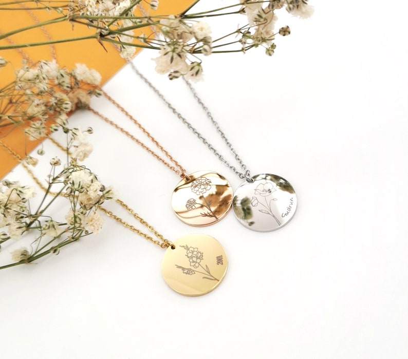 Birth flower necklace, birth flower necklace with 15 mm pendant, personalized necklace with birth flowers in gold, rose gold, silver image 3