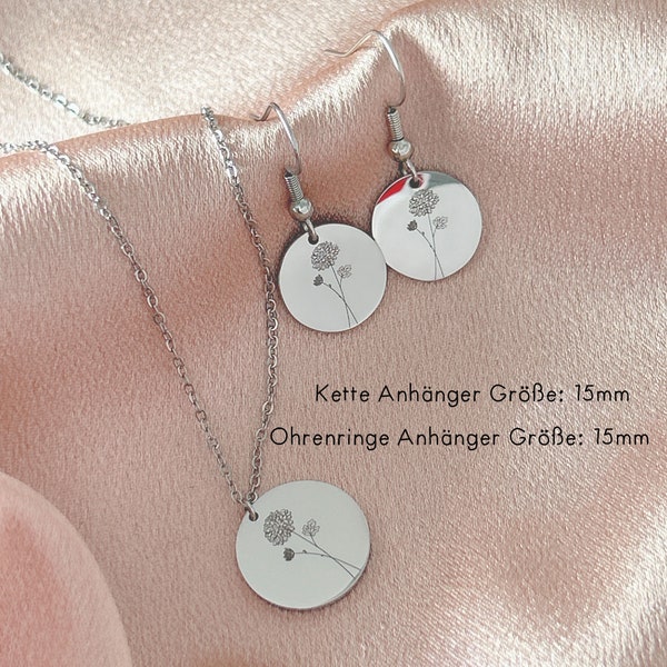 Personalized birth flower necklace and earrings with name - birth flowers and name engraving - birthday gift series Blossom