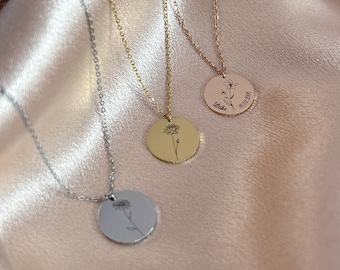 Birth flower necklace, birth flower necklace with 15 mm pendant, personalized necklace with birth flowers in gold, rose gold, silver