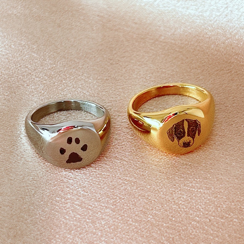 personalisierte ringe, Ringe mit Pfoten & Portrait Gravur, andenken Hund ,Katze, geschenk ideen Bild 1