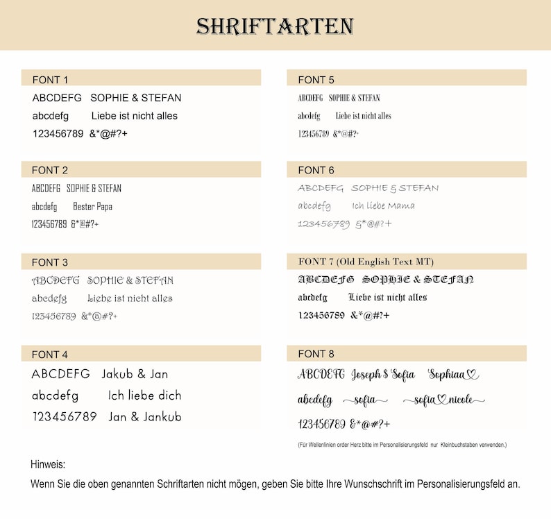 Peut inclure: Un tableau num&eacute;rique intitul&eacute; SHRIFTARTEN pr&eacute;sentant huit styles de police distincts &eacute;tiquet&eacute;s FONT 1 &agrave; FONT 8. Chaque section affiche des lettres majuscules et minuscules, les chiffres 1-9, des symboles et des exemples comme SOPHIE & STEFAN.