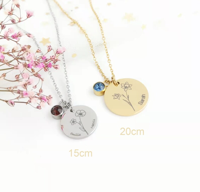 Personalisierte Geburtsblumen Kette mit Name & Datum Gravur und Geburtsstein Ideales Geschenk für besondere Anlässe Bild 2