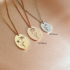 Birth Flower Necklace Oval Plate 12 mm X 18 mm Name Necklace Gift for Women image 1