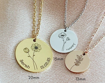 Birthday gift for woman, necklace with engraving, necklace with birth flower, name and date, Christmas gift