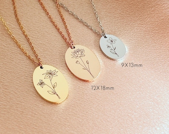 Collier pour femme, collier fleur de naissance, disque ovale, collier prénom, cadeau pour femme