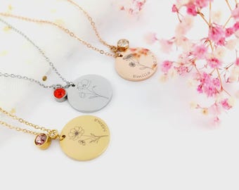Collier de fleurs de naissance personnalisé avec gravure du nom et de la date et pierre de naissance – cadeau idéal pour les occasions spéciales