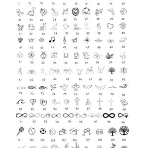 Peut inclure: Un tableau intitul&eacute; Symbols pr&eacute;sentant 120 ic&ocirc;nes num&eacute;rot&eacute;es en trait noir, incluant des c&oelig;urs, &eacute;toiles, animaux, fleurs et &eacute;quipements sportifs. Le texte en bas indique : F&uuml;r weitere Symbole k&ouml;nnen Sie uns eine Nachricht schicken, und wir senden Ihnen weitere zu. Falls Sie kein passendes Symbol finden, k&ouml;nnen Sie uns auch Ihr eigenes Symbol zusenden.