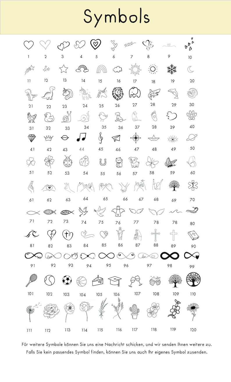 Peut inclure: Un tableau intitul&eacute; Symbols pr&eacute;sentant 120 ic&ocirc;nes num&eacute;rot&eacute;es en trait noir, incluant des c&oelig;urs, &eacute;toiles, animaux, fleurs et &eacute;quipements sportifs. Le texte en bas indique : F&uuml;r weitere Symbole k&ouml;nnen Sie uns eine Nachricht schicken, und wir senden Ihnen weitere zu. Falls Sie kein passendes Symbol finden, k&ouml;nnen Sie uns auch Ihr eigenes Symbol zusenden.