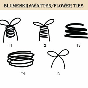 Peut inclure: Un tableau graphique intitul&eacute; BLUMENKRAWATTEN/FLOWER TIES pr&eacute;sentant cinq ic&ocirc;nes dessin&eacute;es au trait noir, &eacute;tiquet&eacute;es de T1 &agrave; T5. Les ic&ocirc;nes illustrent divers styles de boucles nou&eacute;es et de formes en spirale pour des attaches florales.