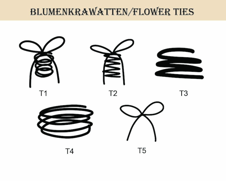 Peut inclure: Un tableau graphique intitul&eacute; BLUMENKRAWATTEN/FLOWER TIES pr&eacute;sentant cinq ic&ocirc;nes dessin&eacute;es au trait noir, &eacute;tiquet&eacute;es de T1 &agrave; T5. Les ic&ocirc;nes illustrent divers styles de boucles nou&eacute;es et de formes en spirale pour des attaches florales.