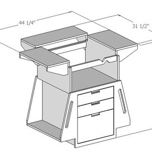 May include: A white wooden workbench with two shelves and three drawers. The workbench is 44 1/4 inches wide, 31 1/2 inches deep, and 37 inches tall.