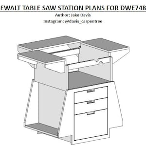 May include: Line drawing of a table saw station with a shelf, drawers, and a top surface. The station is designed for a DeWalt DWE7480 table saw. The drawing includes the text "DEWALT TABLE SAW STATION PLANS FOR DWE7480" and "Author: Jake Davis" and "Instagram: @davis_carpentree".