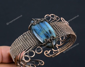 Precious Natural Labradorite Wire Wrap Bracelet, Gemstone Bracelet, Gray Chain Bracelet, Copper Jewelry, Birthday Gift, Bracelet For Sister