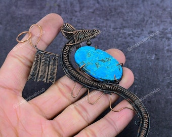 Rare Natural Tibetan Turquoise Wire Wrap Dragon Pendant, Gemstone Pendant, Blue Pendant, Copper Jewelry, Wedding Gift, Pendant For Mother