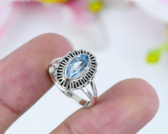 Natural Blue Topaz Ring Size 9, Blue Gemstone Ring, Band Ring, 925 Sterling Silver Jewelry, Wedding Anniversary Gift, Ring For Grand Mother