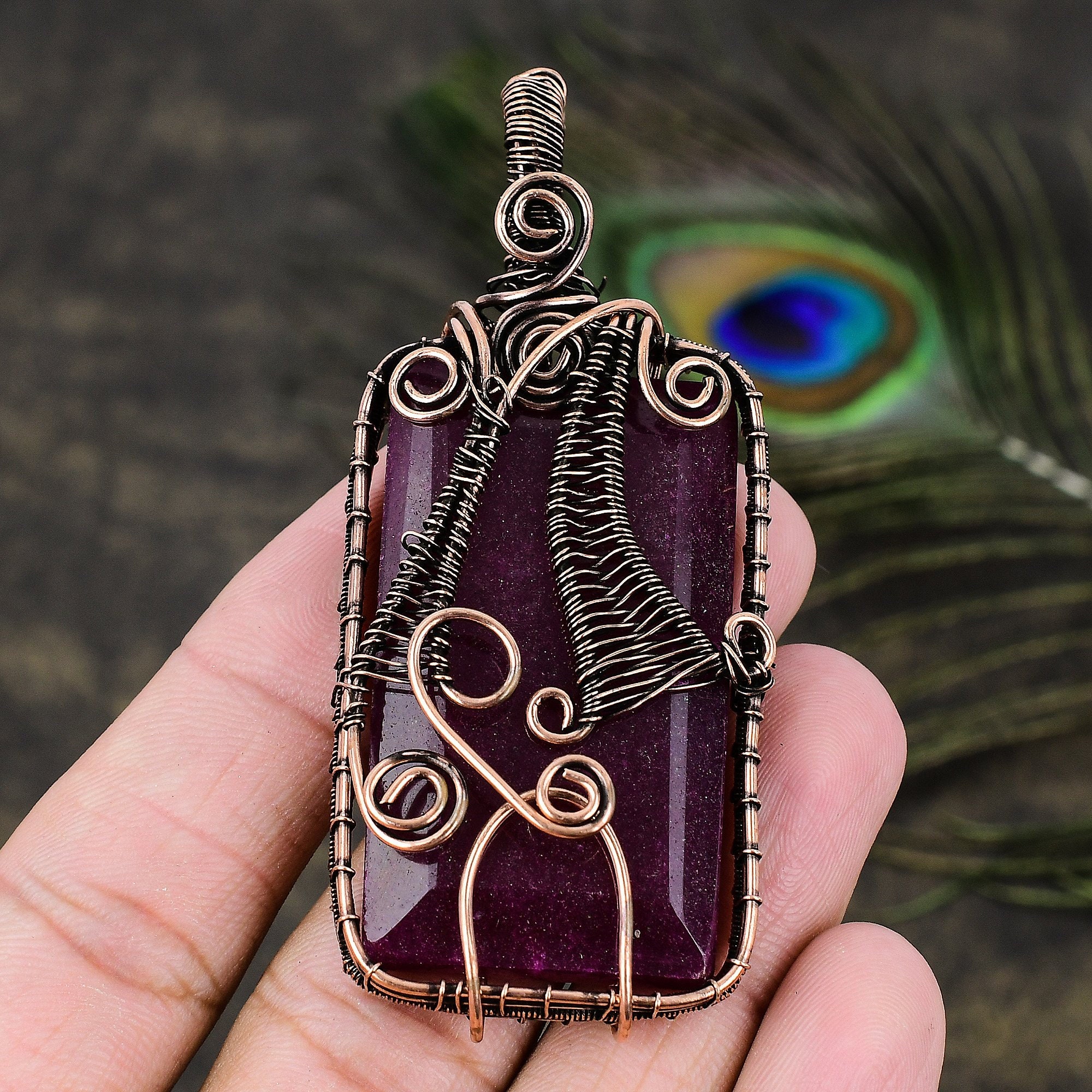 Kashmir Red Ruby Pendant Copper Wire Wrapped Gemstone Pendant