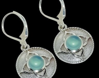 Aqua Chalcedony Dangle Drop Earrings 925 Sterling Silver Art Deco Jewelry
