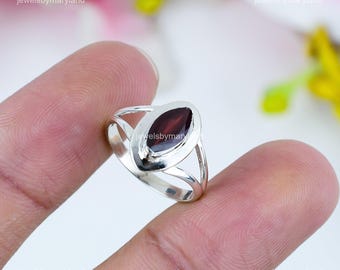 Anillo elegante de granate, anillo de piedra preciosa roja, anillo de banda, joyería de plata de ley 925, regalo de aniversario, anillo para el amor