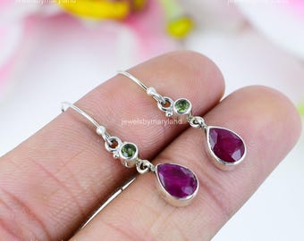 Kashmir Red Ruby Earrings, Sterling Silver Dangle Drop Jewelry