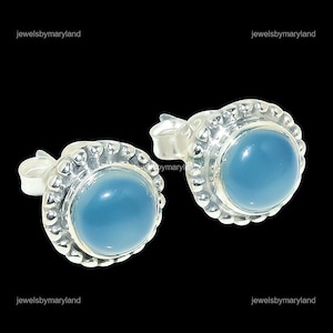 Elegant Aqua Chalcedony Earrings, Blue Gemstone Earrings, Stud Earrings, 925 Sterling Silver Jewelry, Anniversary Gift, Earrings For Love